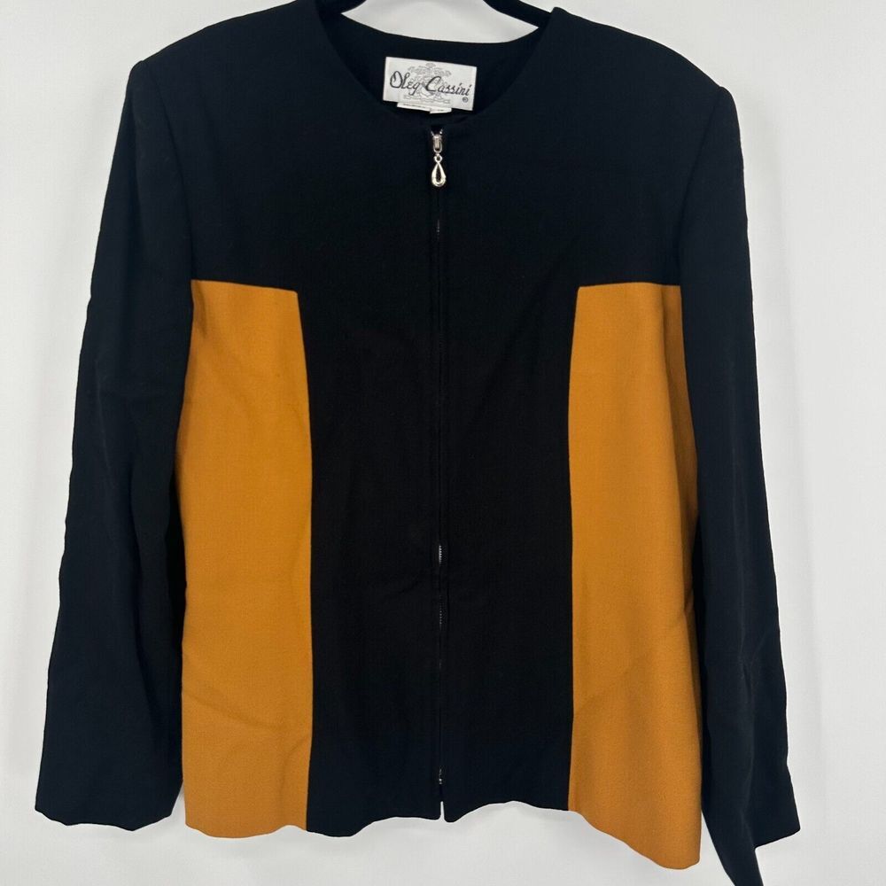 Oleg Cassini Jacket Womens 14 Black Tan Classic Sports Long Sleeve Full Zipper